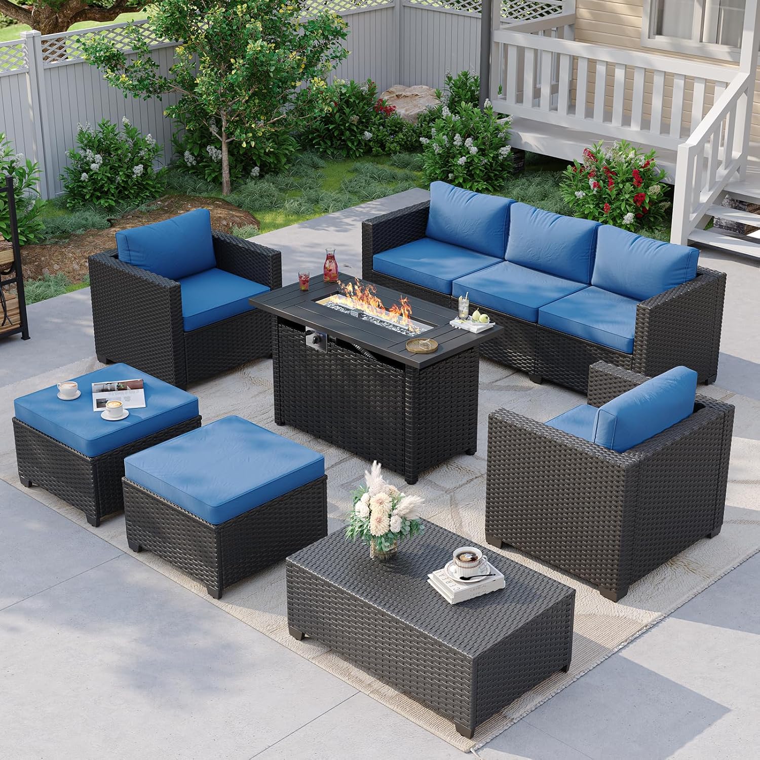 Outdoor Furniture Fire Pit Set - Navy Blue Outdoor Sectional Sofa with